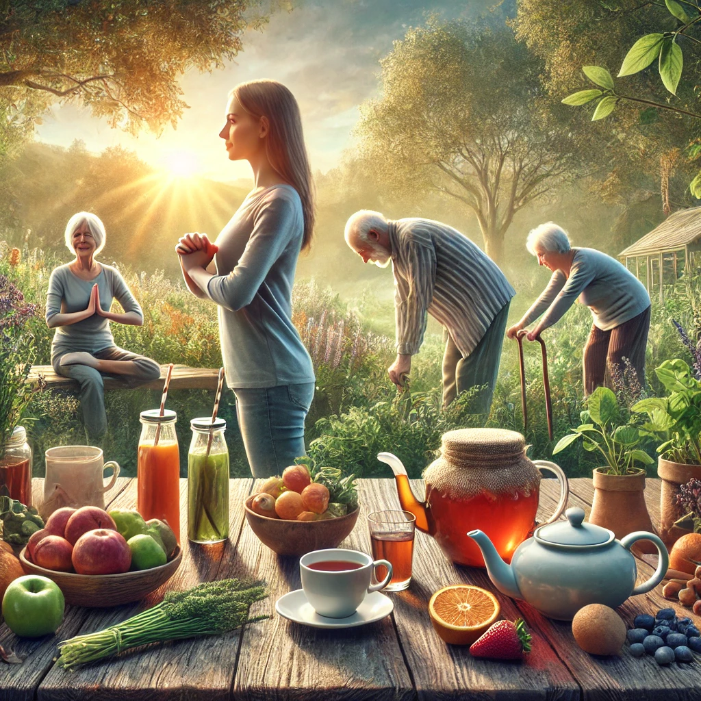 DALL·E 2024-11-29 13.56.51 – A depiction of the value ‘Prevention’ in natural medicine_ a tranquil morning scene with a family engaging in healthy habits. A table is set outdoors