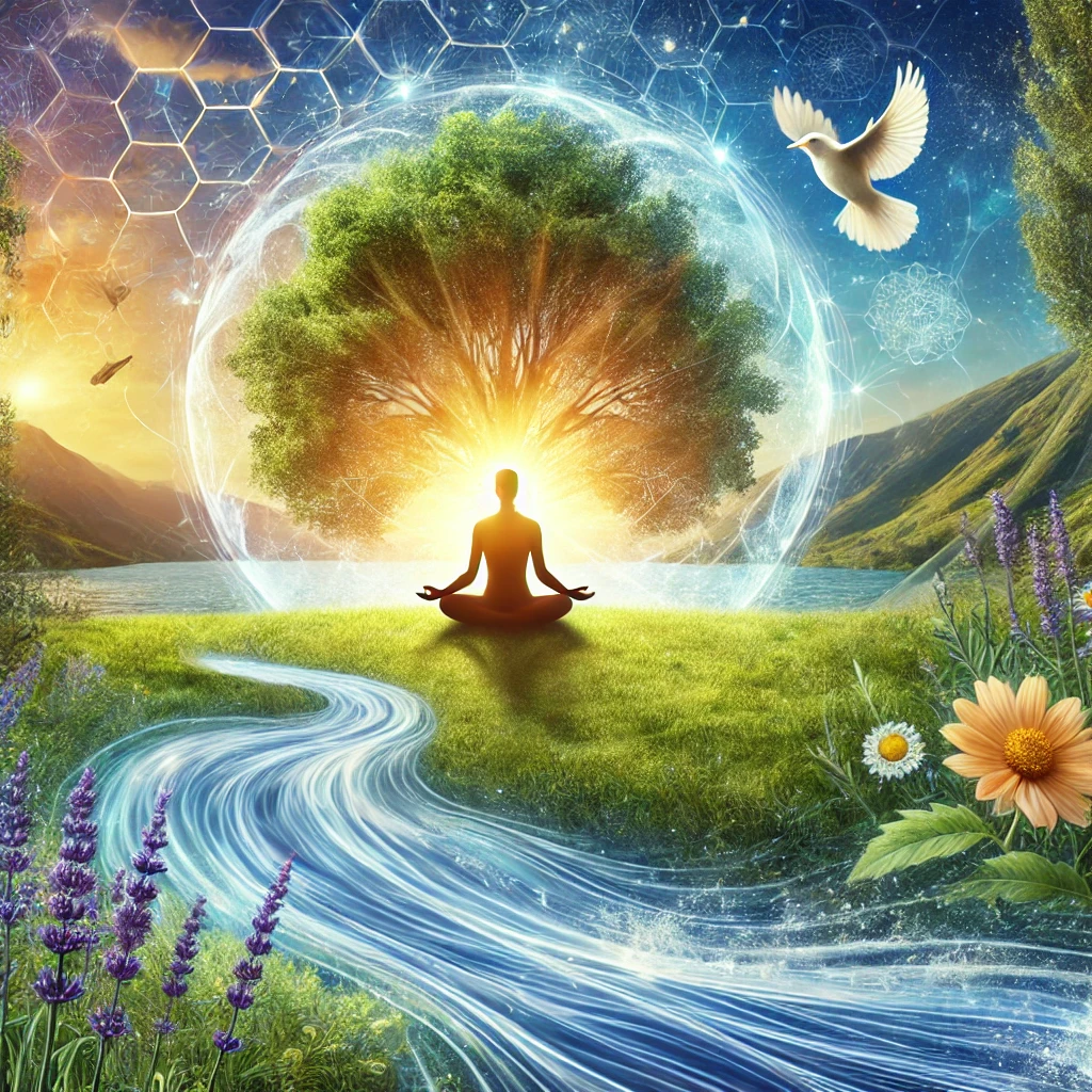 DALL·E 2024-11-29 13.56.52 – A depiction of the value ‘Body-Mind Harmony’ in natural medicine_ a serene outdoor setting with a person meditating under a tree surrounded by glowing