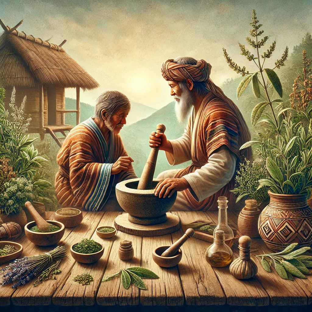 DALL·E 2024-11-29 13.56.54 – A depiction of the value ‘Ancestral Wisdom and Tradition’ in natural medicine_ an elder teaching a younger person how to prepare herbal remedies using