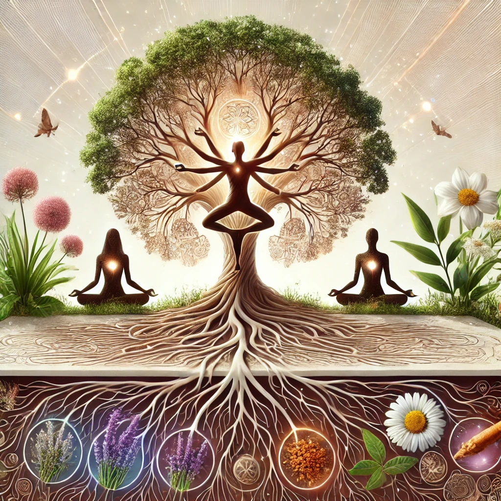 DALL·E 2024-11-30 10.41.07 – A symbolic and artistic depiction of natural medicine for a website section. The image should feature a majestic tree with branches forming interconne