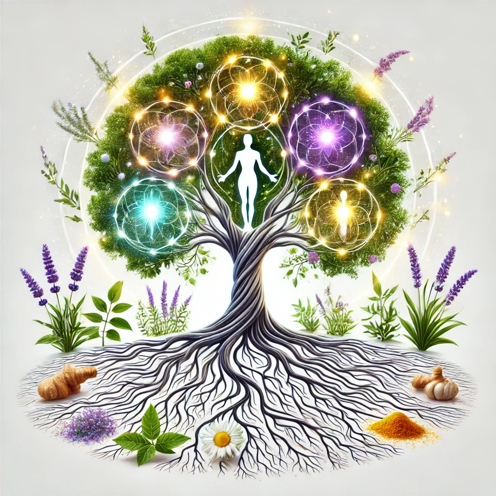 DALL·E 2024-11-30 10.43.56 – A symbolic and artistic depiction of natural medicine with a pure white background (#FFF). The image features a majestic tree with branches forming in